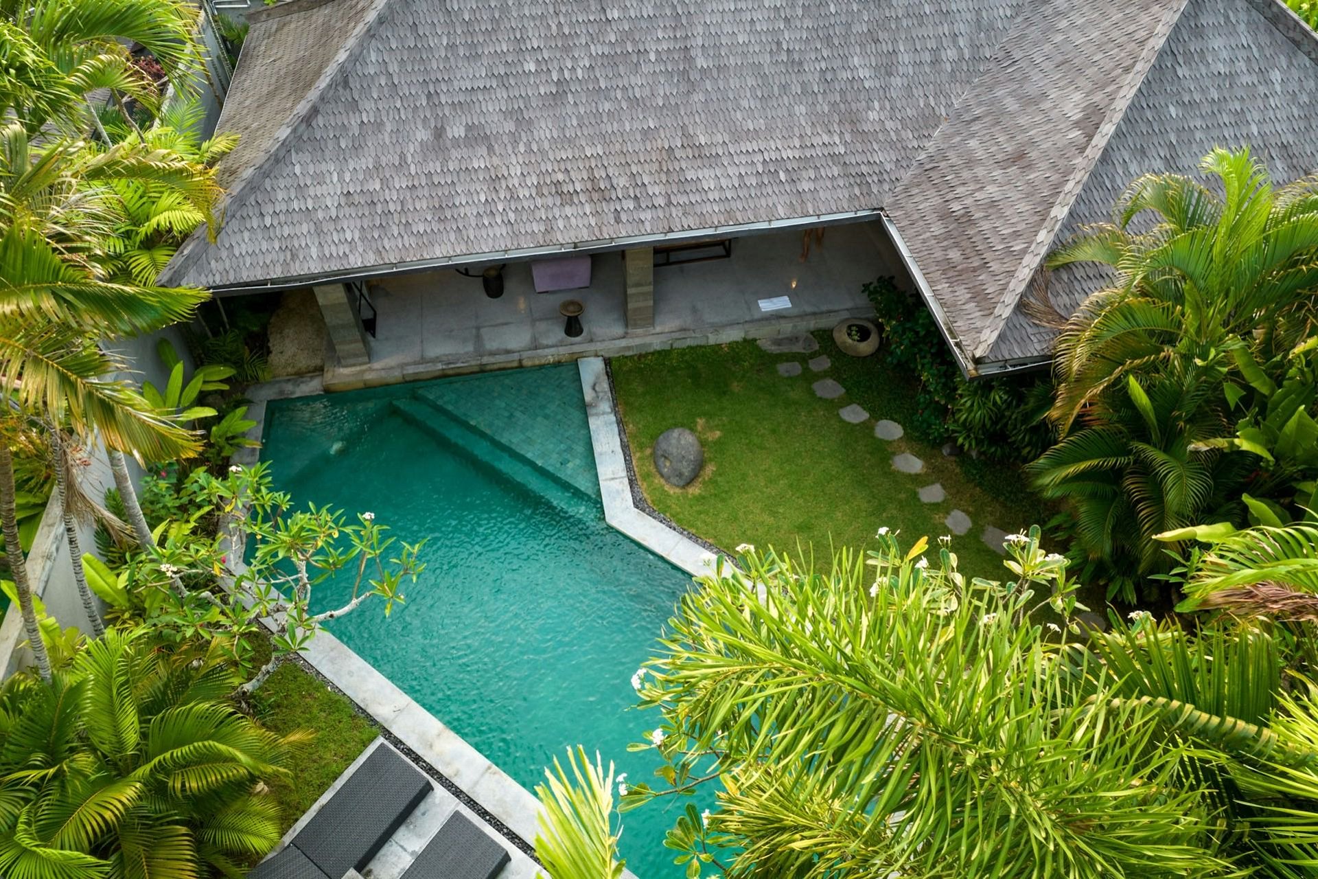 Aerial view of a luxury private estate, showcasing the high standard of excellence provided by our villa management Bali team.