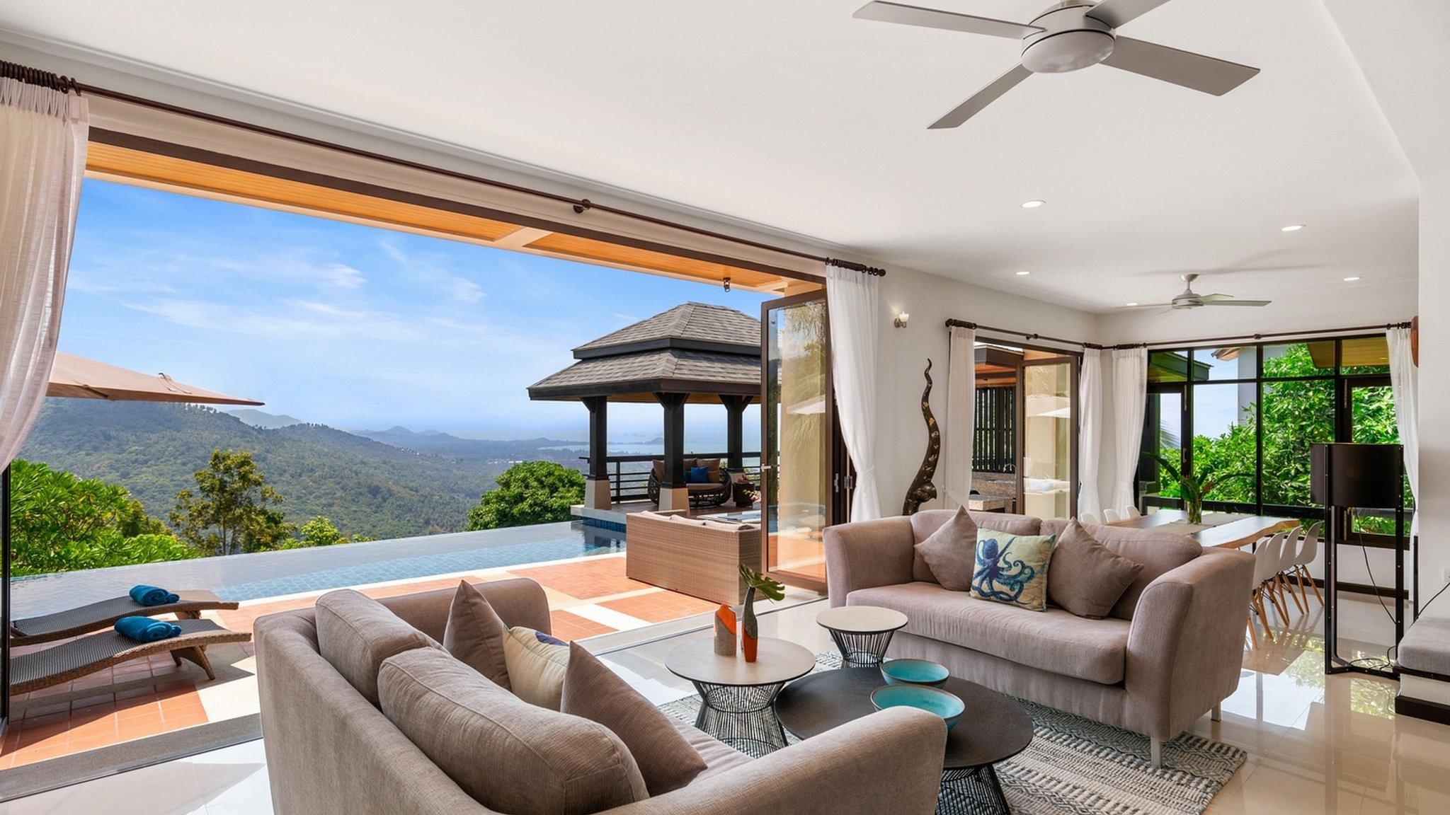 Modern villa interior azure tones mountain view